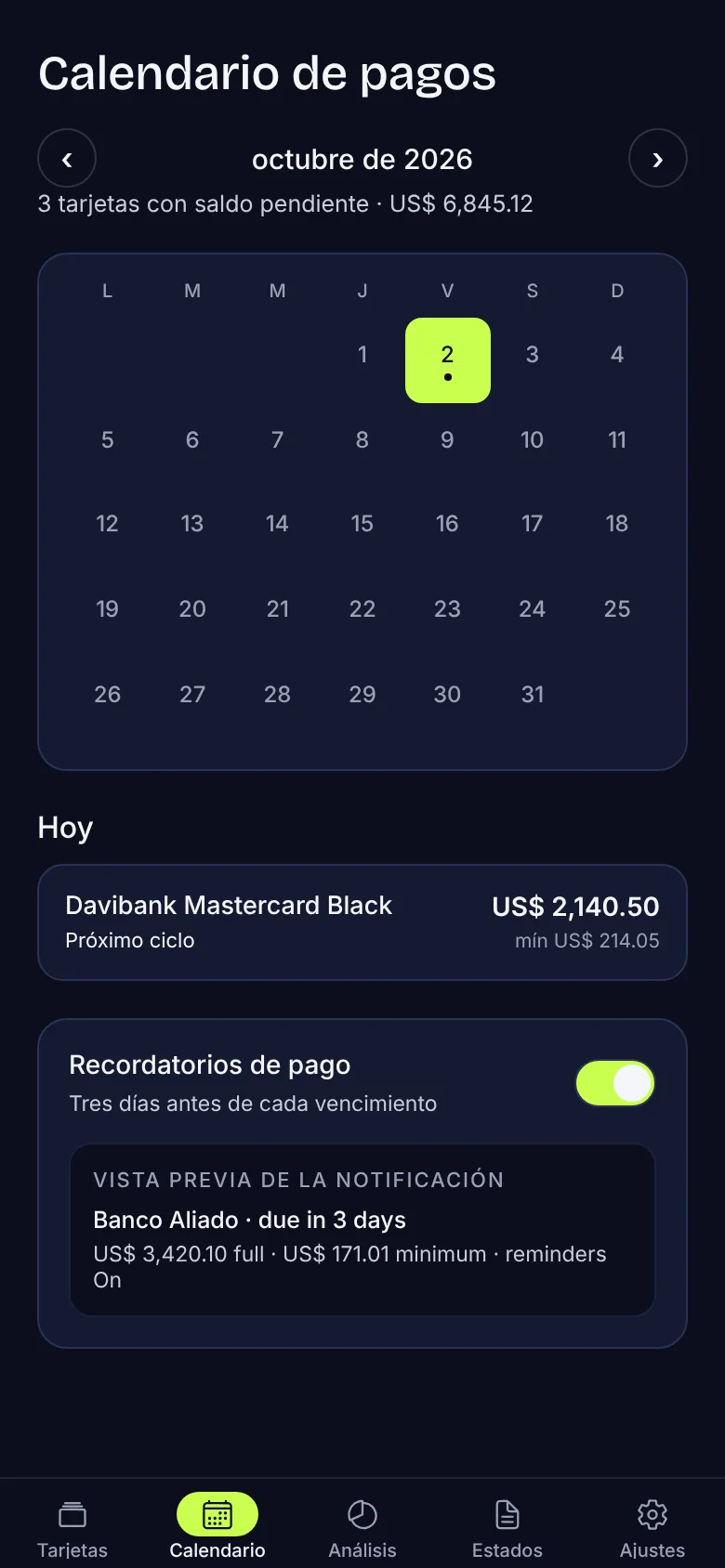 Calendario de pagos del mes